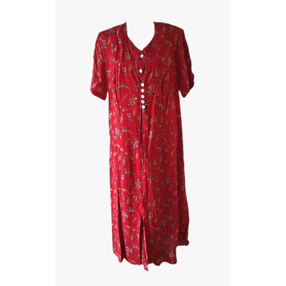 Vintage 1990s Shirt Dress 20WP Red Floral Betsy's Things Rayon Midi Teacher